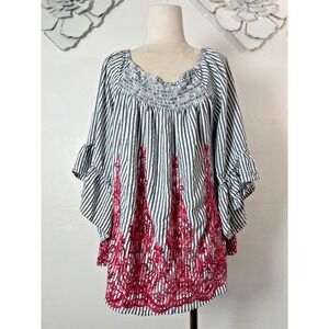 BOBEAU Embroidered Boho Tunic Blouse Striped Off Shoulder Flutter Sleeve Blue M